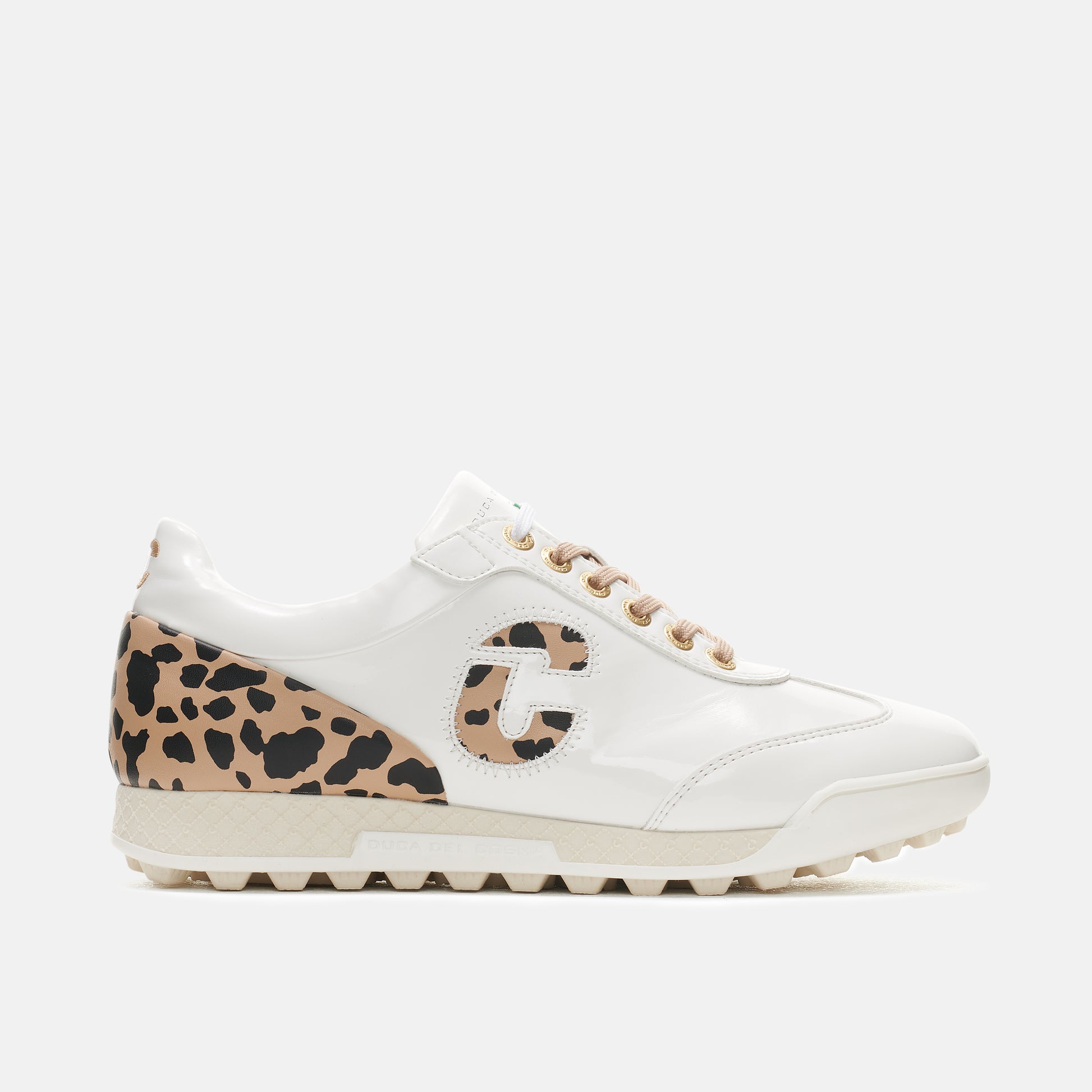 Duca del Cosma's King Cheetah White Women's Golf shoe fully waterproof with animal print from duca del cosma