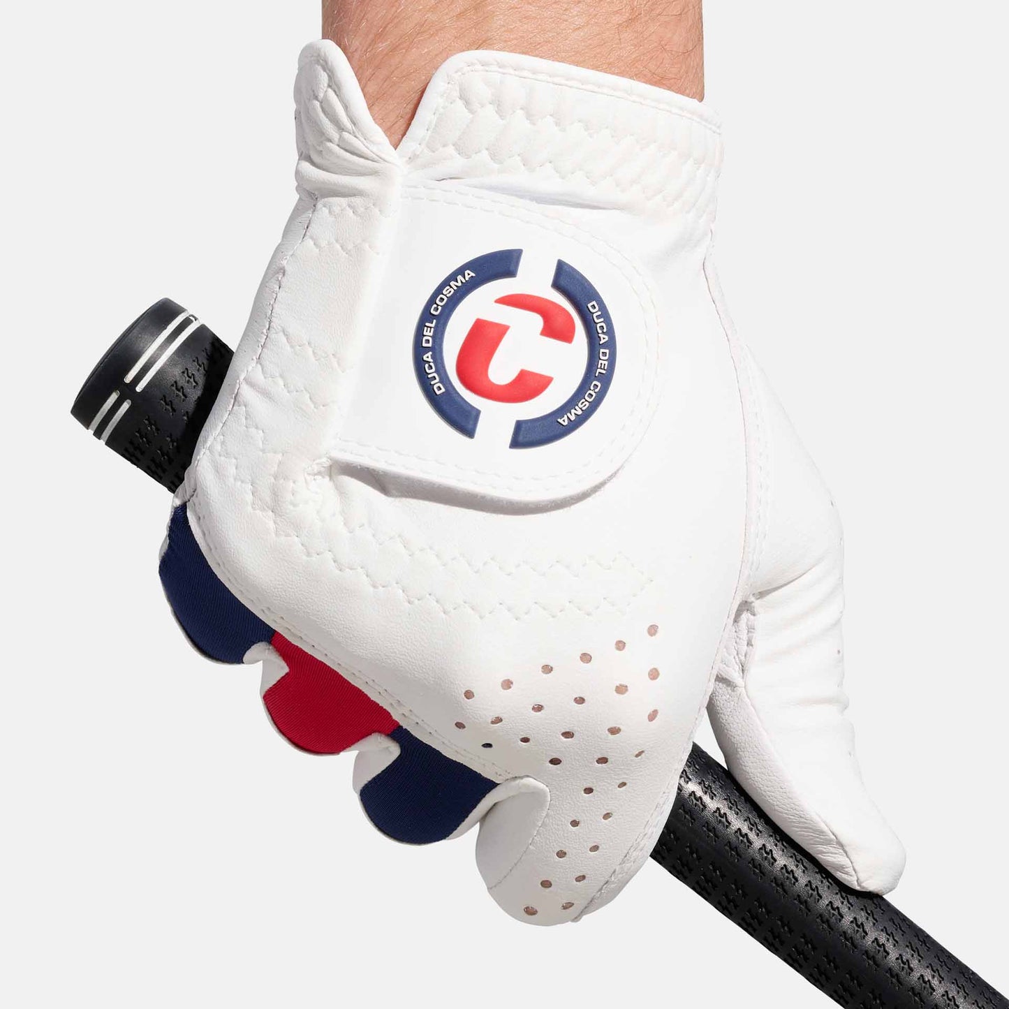 Brompton Golf Glove for Men's in colors White/Navy/Red (Left) made from Cabretta leather
